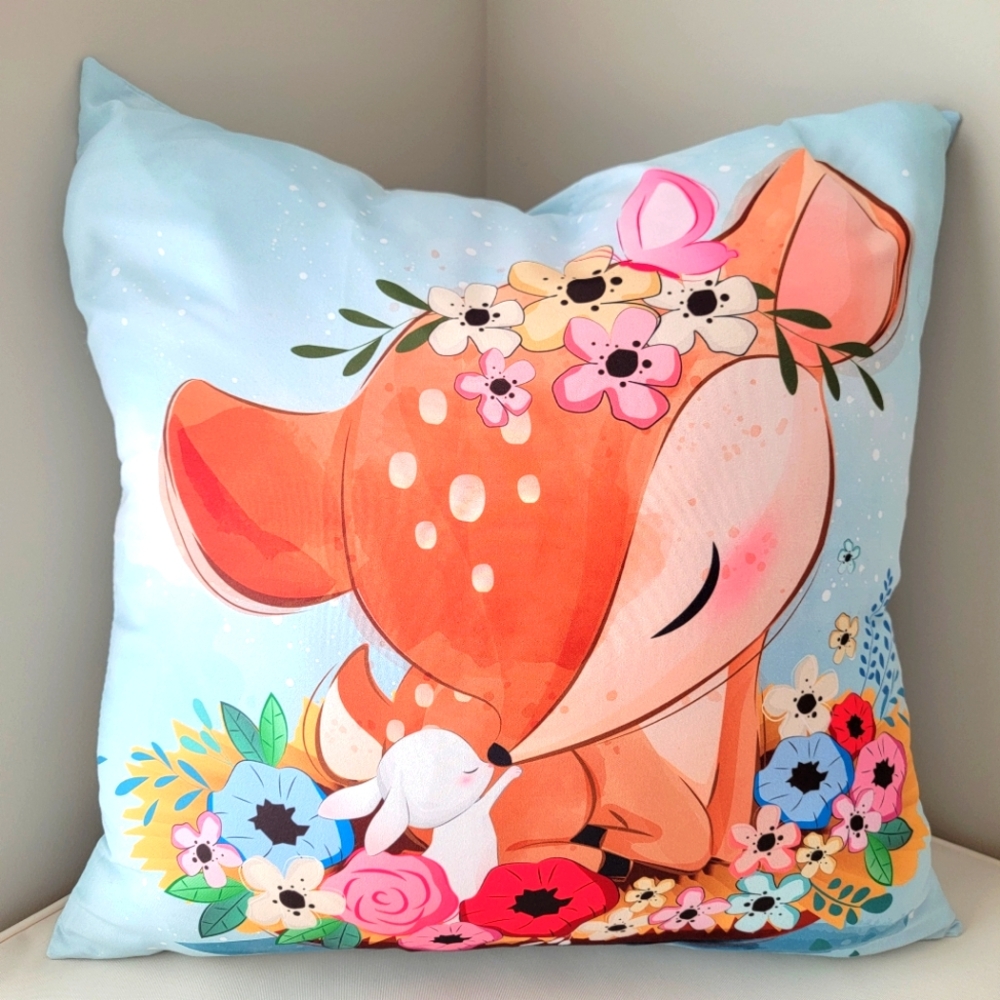 Double sided Cute Deer and Bunny Floral Pillow cover